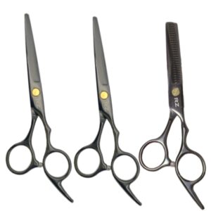KIT DE 3 TIJERAS PARA CABELLO NEGRA CORTE MICRODENTADA 5.5", CORTE DESLIZANTE DE 5.5" Y ENTRESACAR SENCILLA MARCA RZ